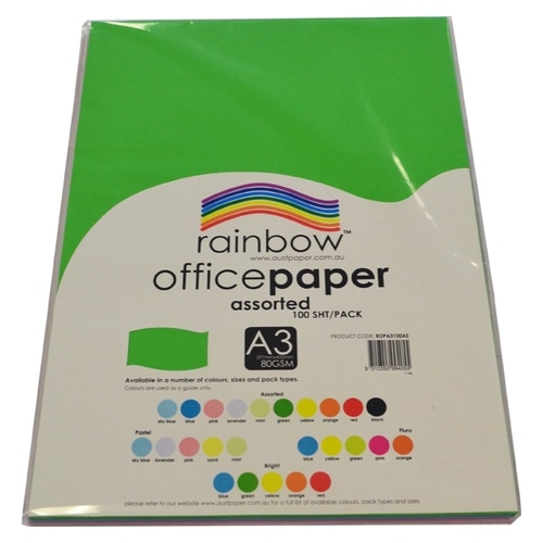 pack de 100 feuilles de papier a3 80gsm aux couleurs arc-en-ciel pastel, idéal pour vos projets créatifs et d'impression. qualité et douceur des teintes assurées.